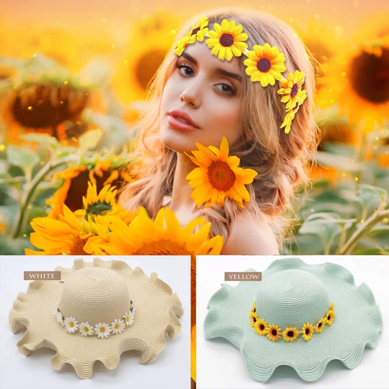 Bnikion 3 Pcs Sunflower Headband Hippie Headbands Crown Headpiece Flower Daisy Headbands for Women Girl 70s Hippie Boho Hat Accessories Bridal Wedding Summer Beach Party Hair Wreath Garland - Image 4